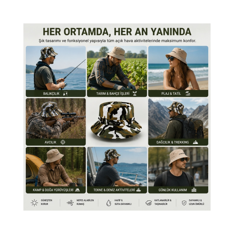 Erkek Kadın Unisex Safari Şapka Güneş Koruyucu Balıkçı Şapkası Outdoor Kamp Avcılık Trekking Yeşil