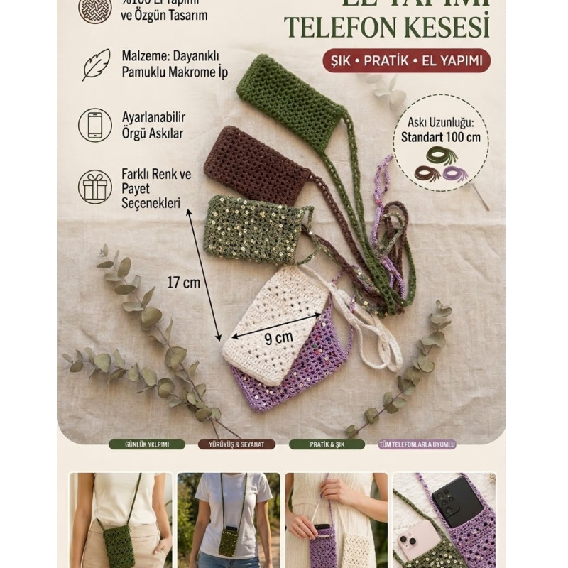 El Yapımı Pamuk İp Telefon Çantası ve Telefon Askısı Örgü Telefon Kılıfı Çanta Beyaz