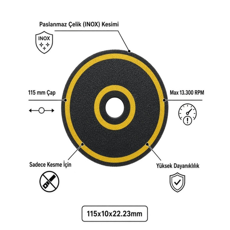 İnox Demir Çelik Metal Kesme Kesici Taşı Düz İnce Taş 115x1.0x22.23 10 Adet