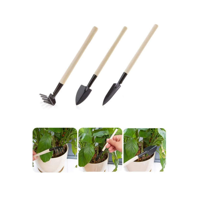 Mini Ahşap Saplı Hobi Bahçe Seti Kürek Tırmık Çapa Saksı Balkon Ev Çiçek Bakımı