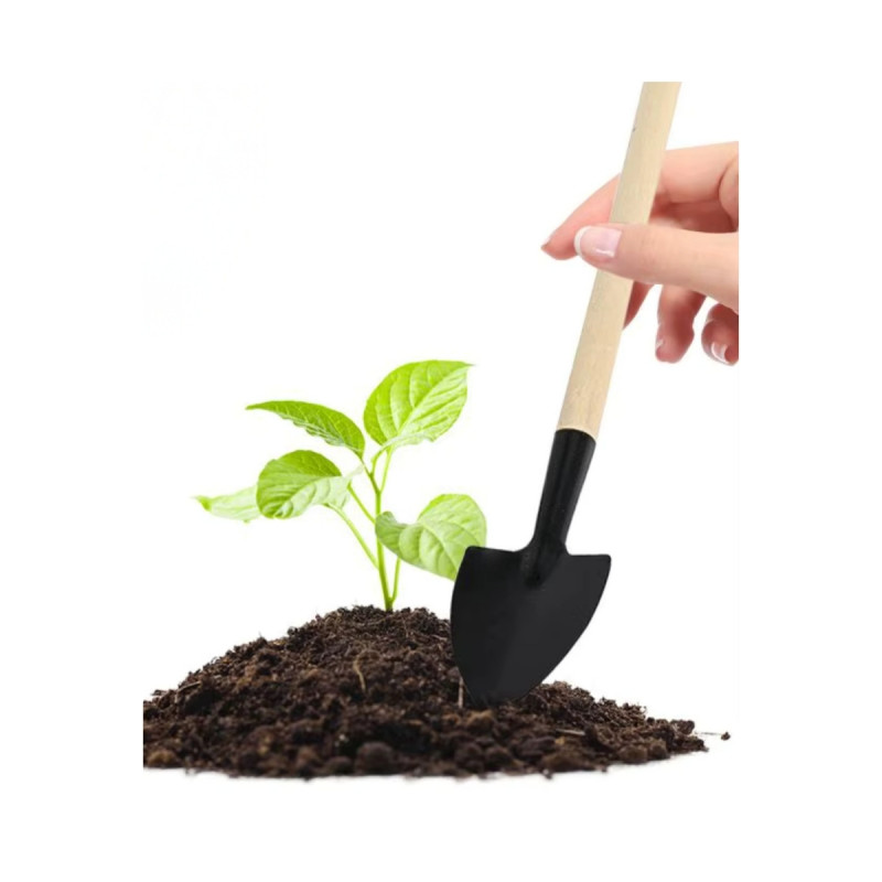 Mini Ahşap Saplı Hobi Bahçe Seti Kürek Tırmık Çapa Saksı Balkon Ev Çiçek Bakımı