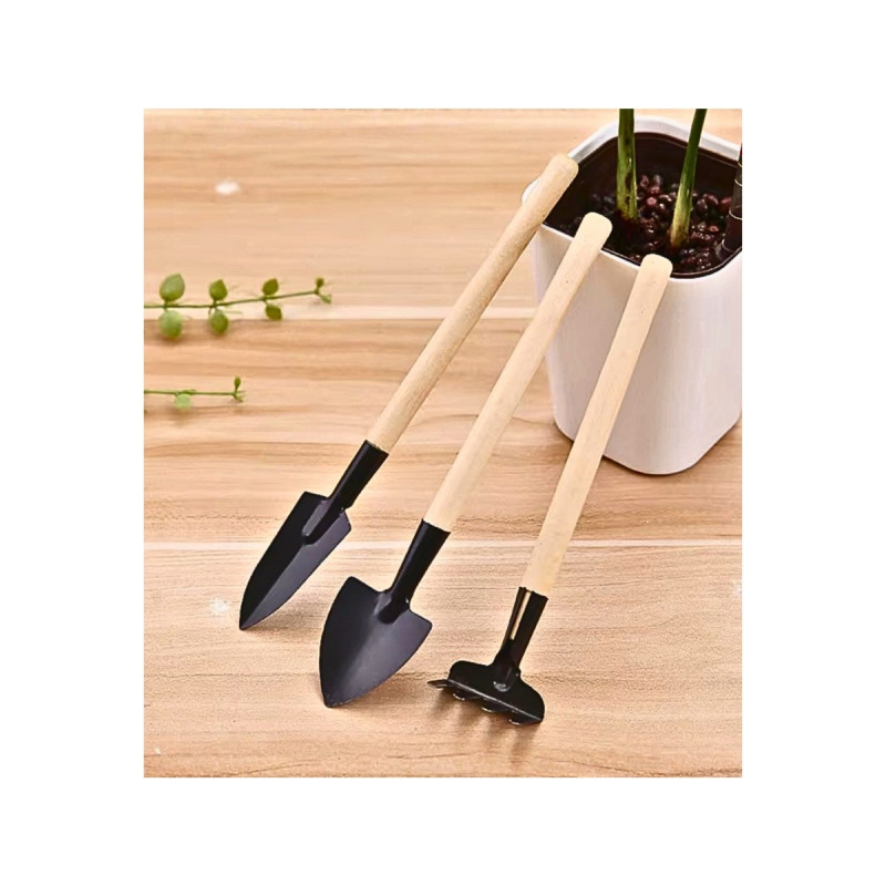 Mini Ahşap Saplı Hobi Bahçe Seti Kürek Tırmık Çapa Saksı Balkon Ev Çiçek Bakımı