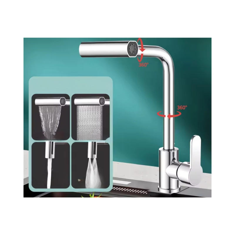 Krom Modern Oynar Başlıklı Mafsallı Şelale Mutfak Evye Bataryası Musluğu 4 Mod