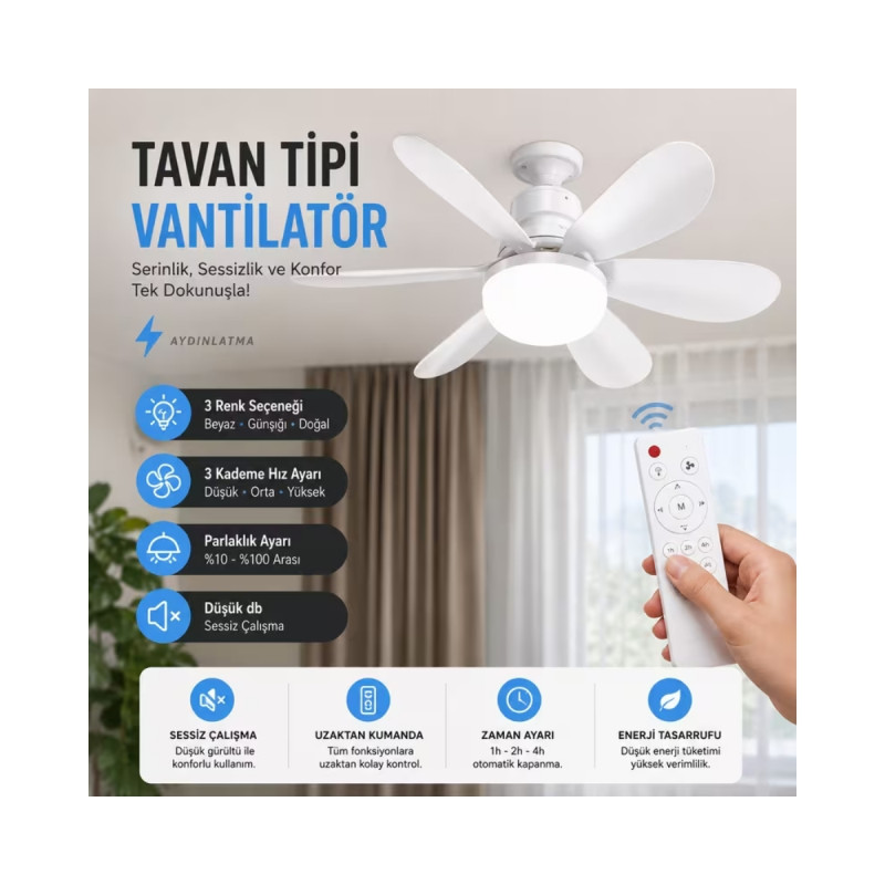 30W Güçlü Aydınlatma Kumandalı Tavan Vantilatörü LED Lamba Sessiz Serinletici Fan