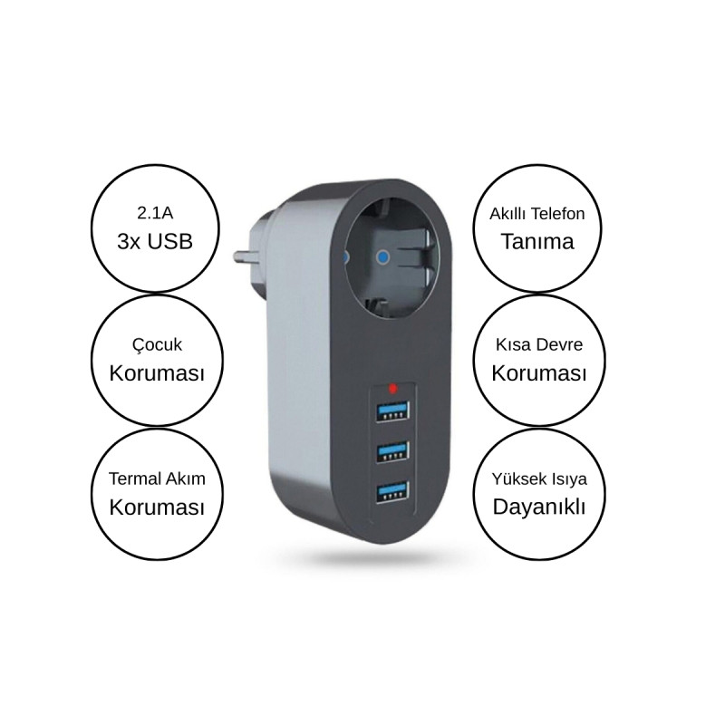 2.1A 3 USB Çocuk Koruma Kısa Devre Termal Akım Korumalı Priz