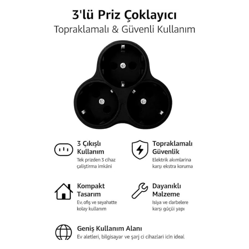 Topraklı Papatya Golyat Üçlü Priz Çoğaltıcı 3'lü Fiş Çoğaltma Siyah