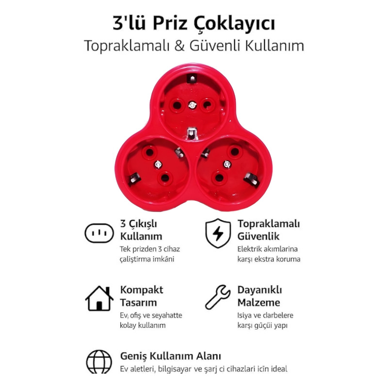 Topraklı Papatya Golyat Üçlü Priz Çoğaltıcı 3'lü Fiş Çoğaltma Kırmızı