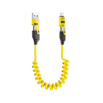 65W Hızlı Şarj Aleti Kablosu 4in1 Spiral Yaylı USB-A Type-C Lightning Uyumlu 65W Hızlı Şarj Aleti Kablosu 4in1 Spiral Yaylı USB-A Type-C Lightning Uyumlu