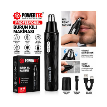 Powertec TR-50 Profesyonel Type-C Şarjlı Burun Kulak Kılı Tıraş Makinesi