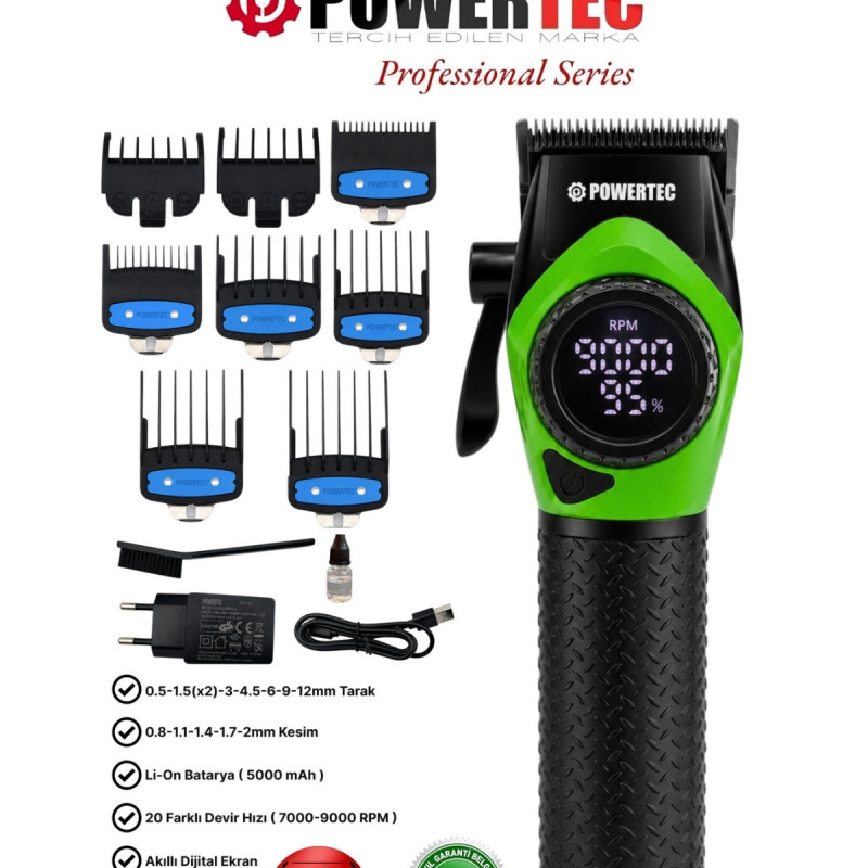 Powertec TR-5100 Profesyonel Saç Tıraş Makinesi 9000 RPM Dijital Ekran