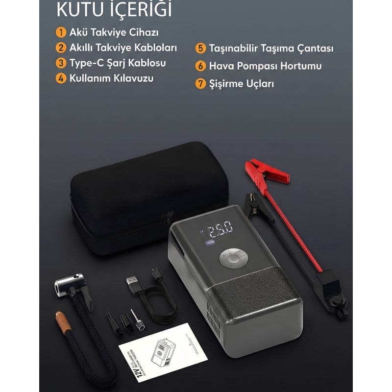 Araba Oto Araç Akü Takviyeli Kompresör 10000 mAH Dijital Ekranlı Lastik Şişirme Hava Pompası 150 PSI