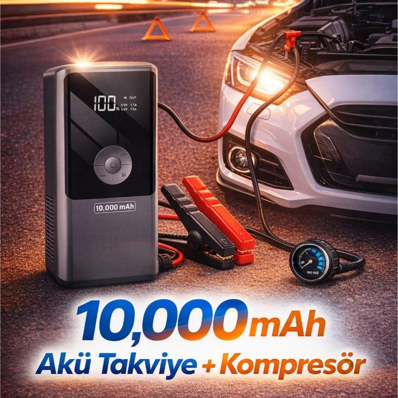 Araba Oto Araç Akü Takviyeli Kompresör 10000 mAH Dijital Ekranlı Lastik Şişirme Hava Pompası 150 PSI