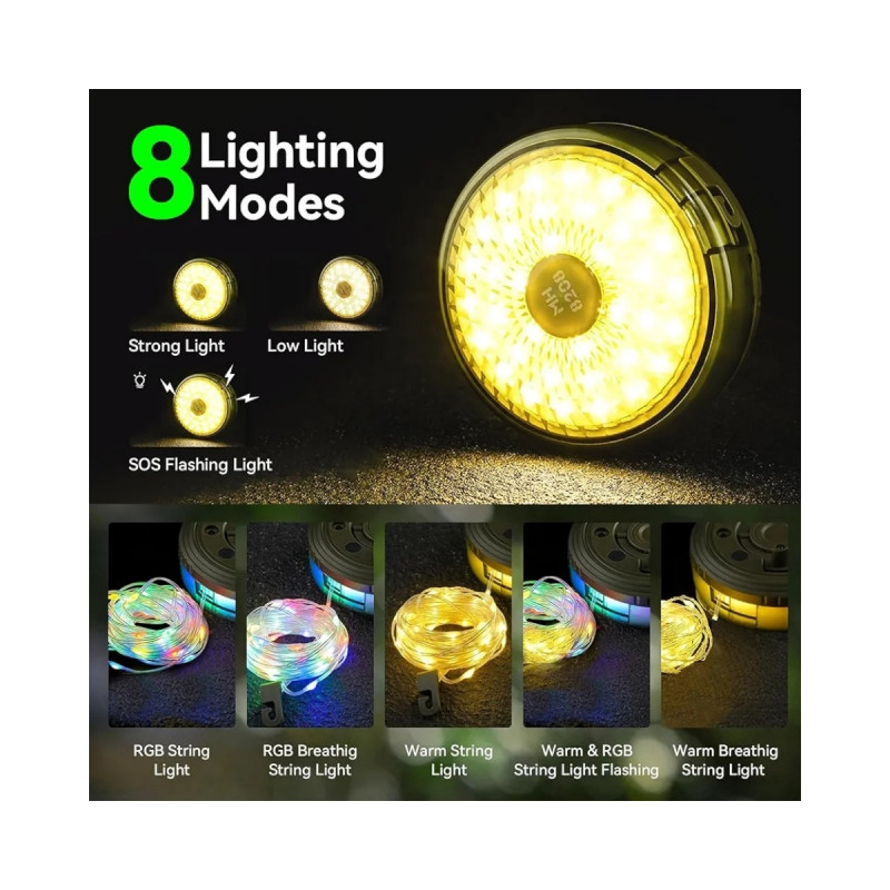 Powerbank Özellikli 8 Metre RGB LED Kamp Lambası Şarjlı Taşınabilir Işık Zinciri Şeridi