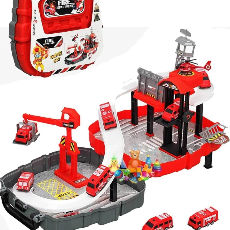 Sırt Çantalı Oyuncak İtfaiye Garaj Oyun Seti Taşınabilir Garaj Pisti