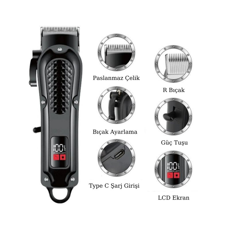 Profesyonel Ayarlı Dijital Berber Şarjlı Kablosuz Saç Sakal Kesme Makinesi