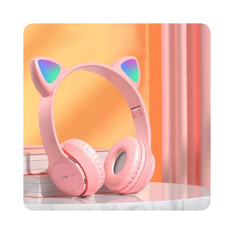 Kedi Kulağı Şeklinde Kablosuz Bluetooth Kulak Üstü Kulaklık Pembe