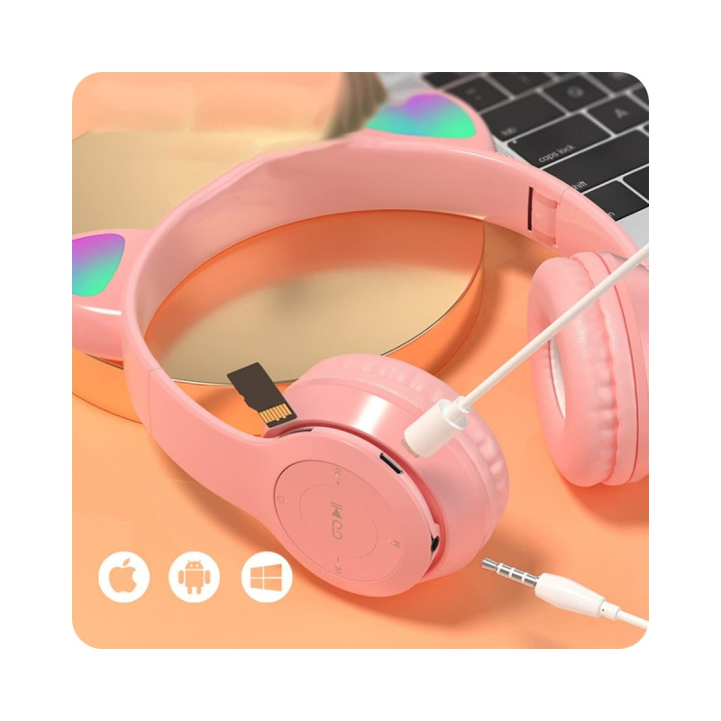 Kedi Kulağı Şeklinde Kablosuz Bluetooth Kulak Üstü Kulaklık Pembe