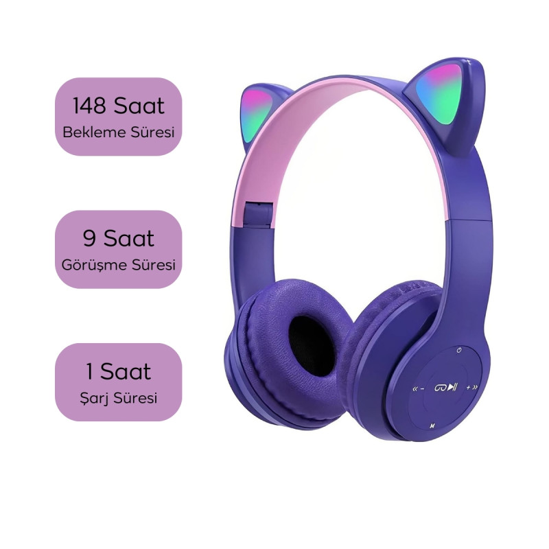 Kedi Kulağı Şeklinde Kablosuz Bluetooth Kulak Kafa Üstü Kulaklık Mor