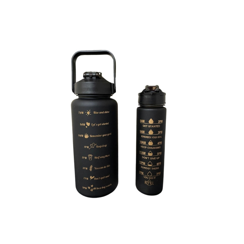 İkili Dayanıklı Zaman Göstergeli Motivasyon Spor Pipetli Suluk Matara 2 LT ve 900 ML