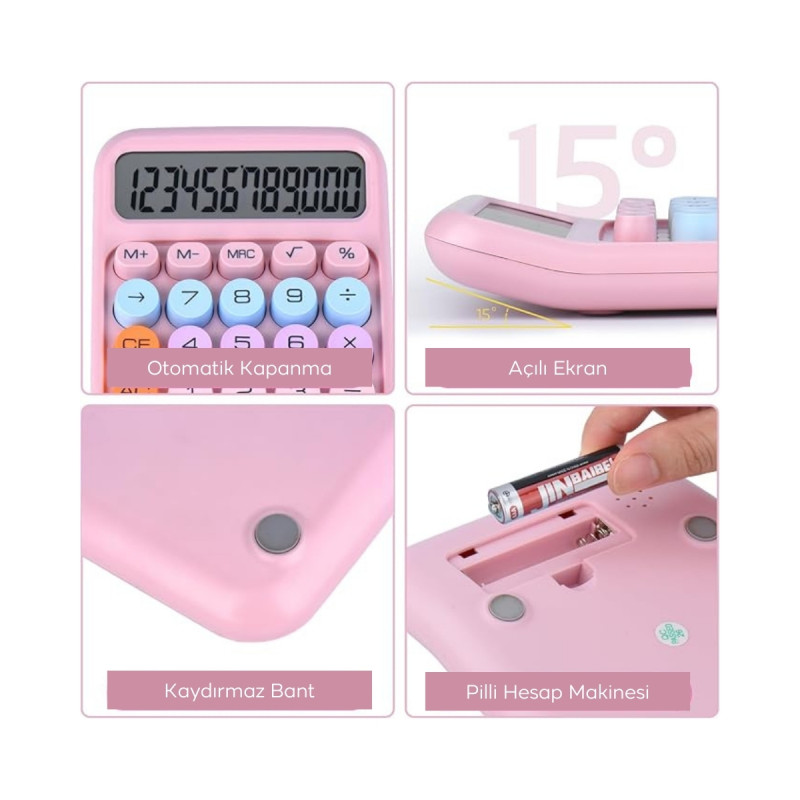 12 Haneli Yuvarlak Tuşlu Pembe Renkli Dijital Ofis Hesap Makinesi